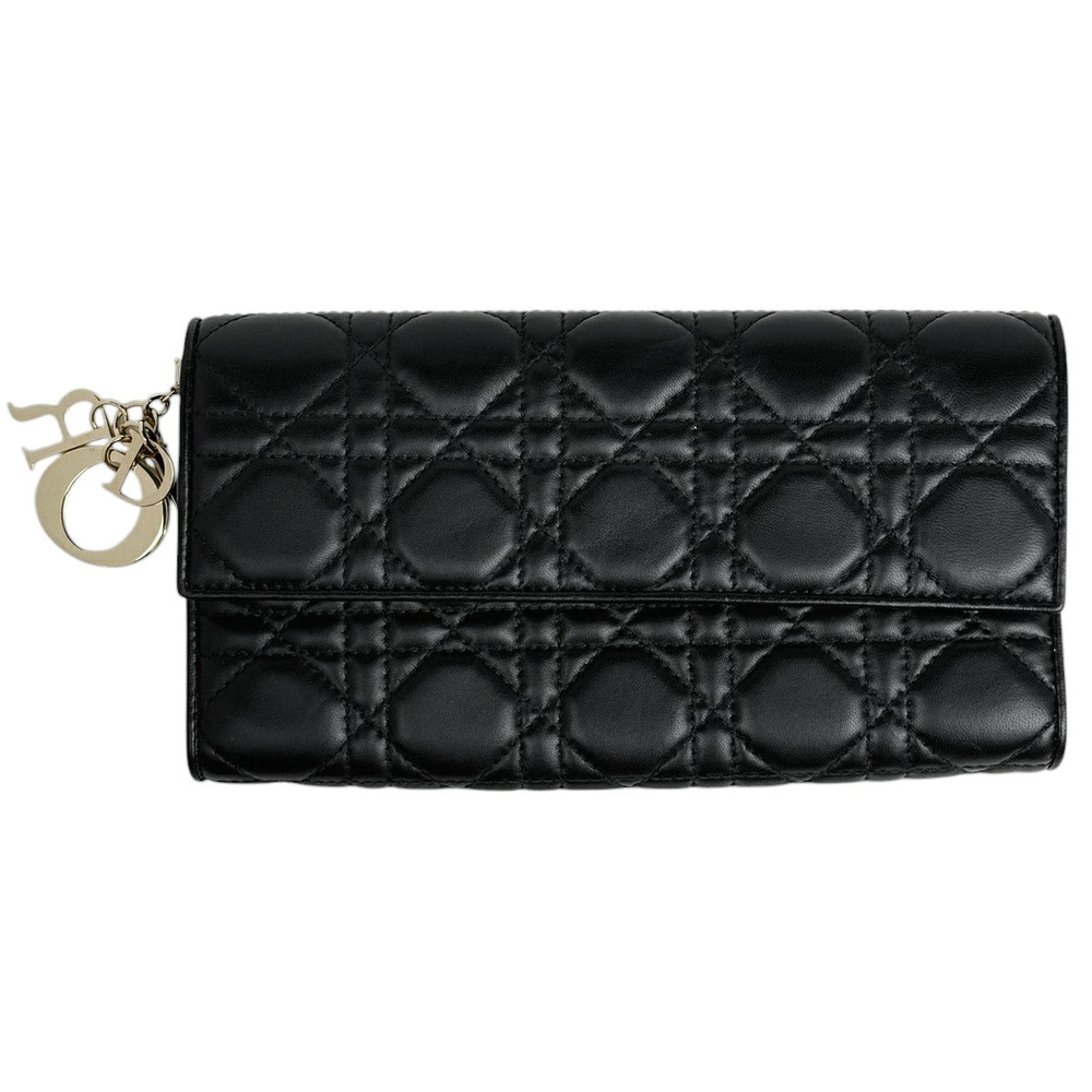 Christian Dior Cannage Bi fold Long Wallet Leather Black